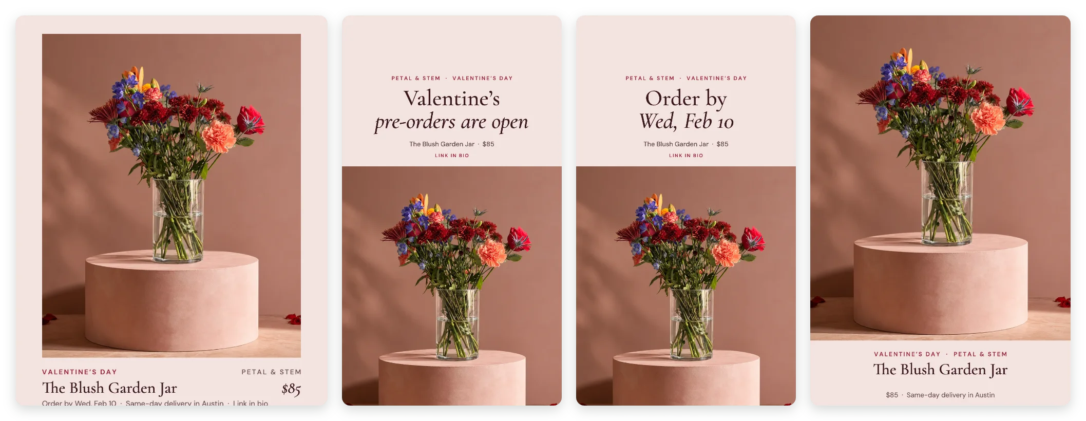 A Valentine’s campaign kit made with FlowerShoot: an Instagram post, two Stories and a Pinterest pin of one arrangement