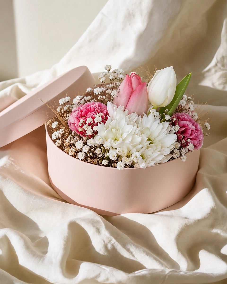 Illustrative test example: Pink and white tulips, carnations and gypsophila arranged in an open blush hatbox on ivory linen