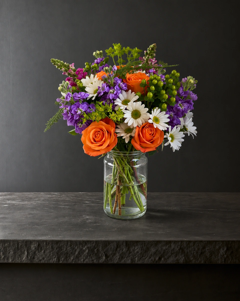 Illustrative test example: Mixed arrangement in a glass jar on a dark limestone ledge against a charcoal wall