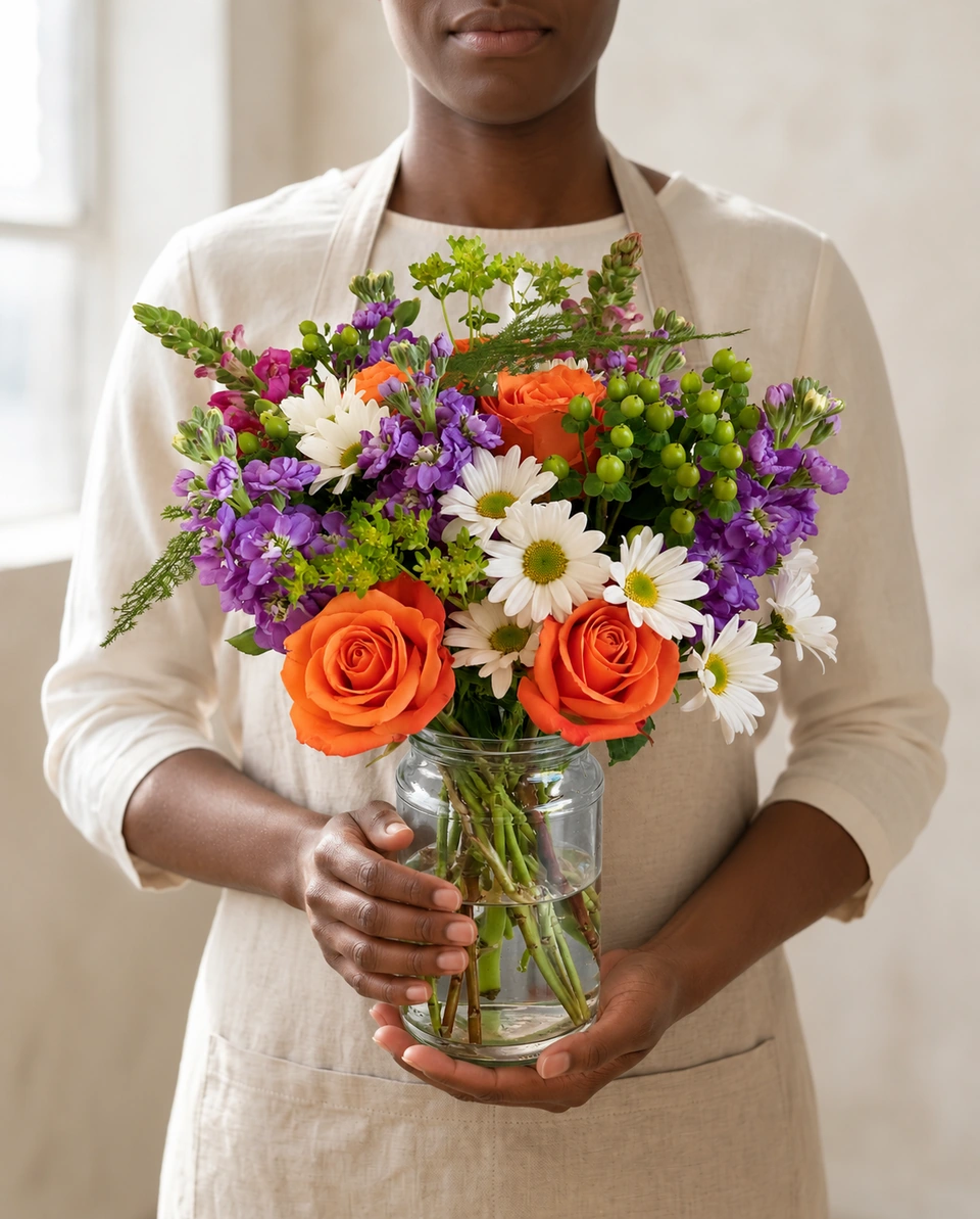Illustrative test example: Florist in a linen apron holding a glass jar of orange roses, purple stock and daisies