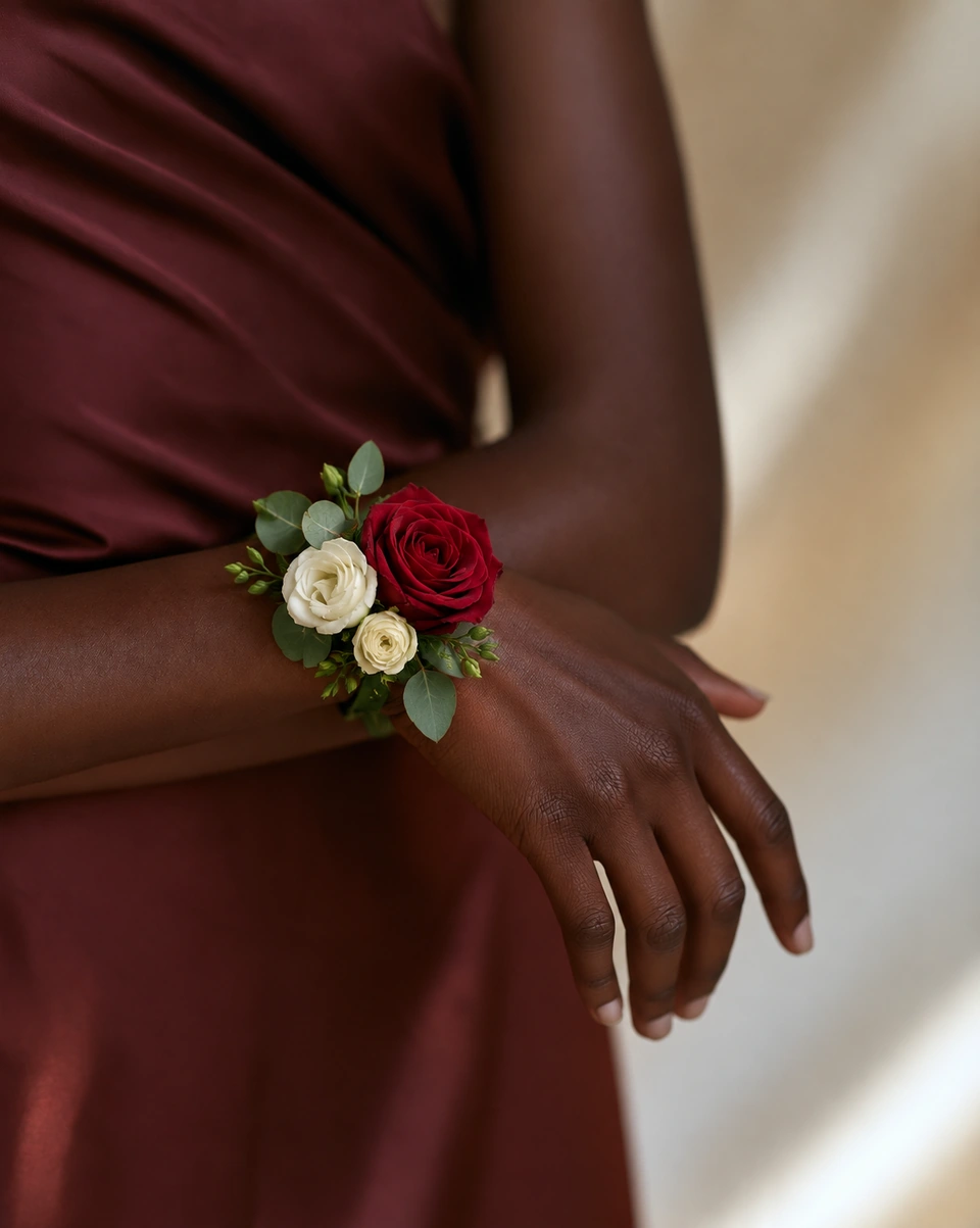 Illustrative test example: Wrist corsage of a red rose and cream roses with greenery against burgundy fabric