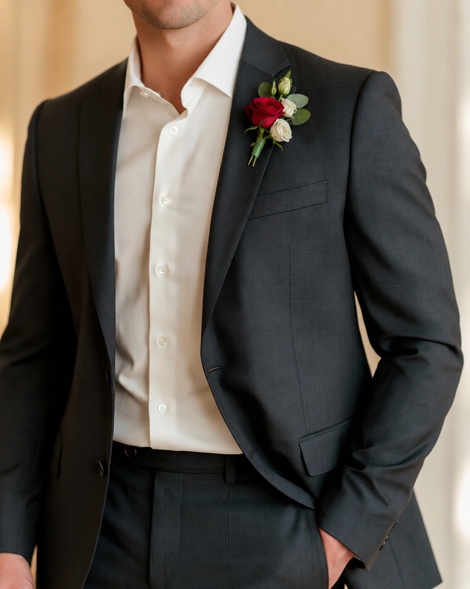 Illustrative test example: Red rose and ivory buttonhole pinned to the lapel of a charcoal suit