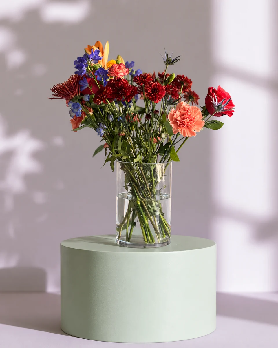Illustrative test example: Mixed arrangement in a glass vase on a sage green pedestal against a lilac wall with leaf shadows