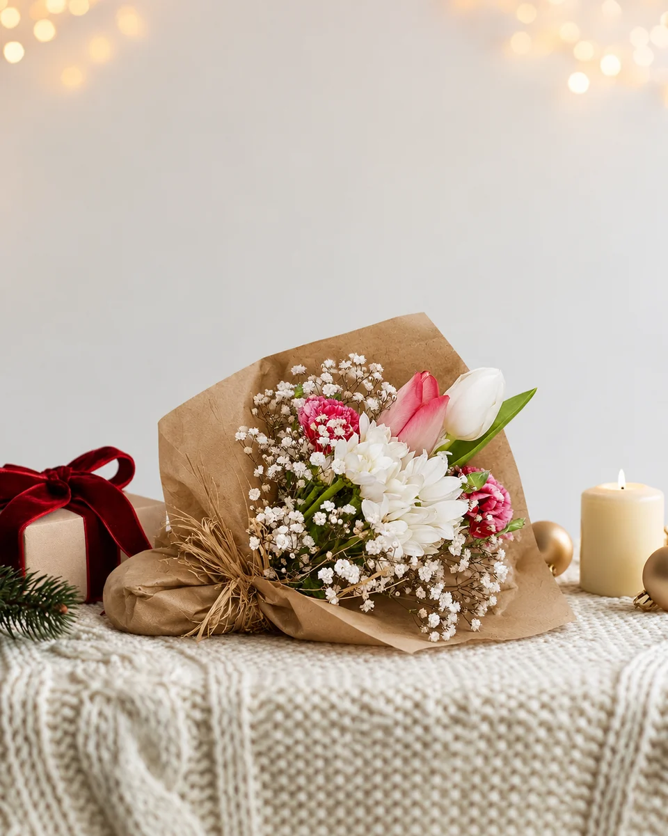 Illustrative test example: Kraft-wrapped bouquet of tulips and gypsophila on a cream knit with a red gift box and gold baubles