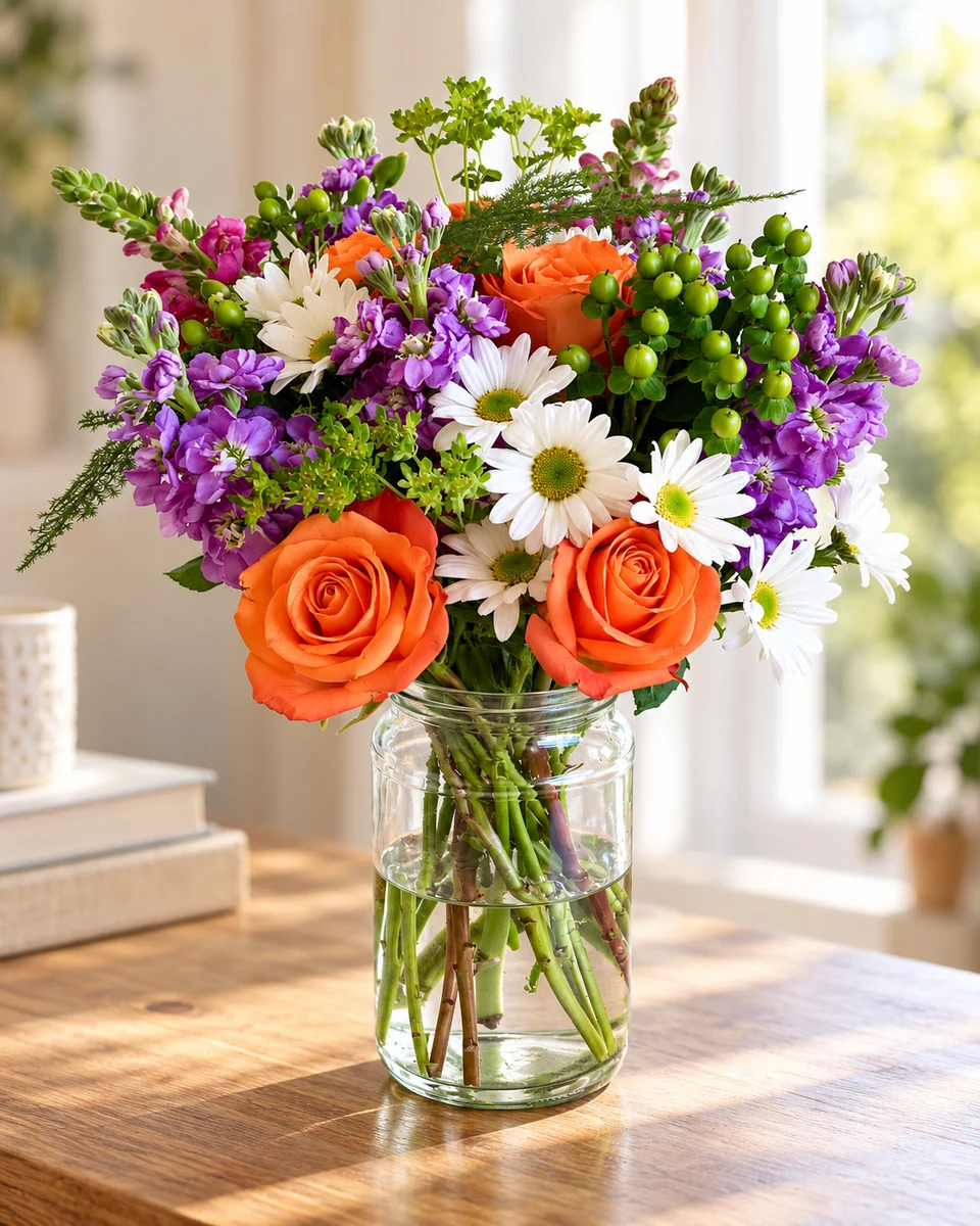 Illustrative test example: Mixed jar arrangement on a sunlit wooden table by a window, in a setting ShotSetter chose