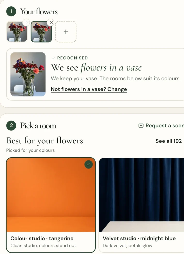 The studio recognises flowers in a vase and suggests the best rooms for their colours