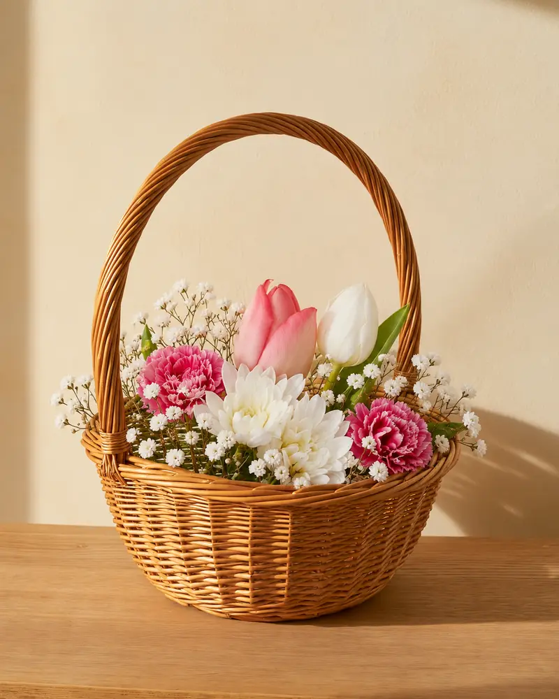 Example with sample flowers: in our basket, in the Willow basket · handle room