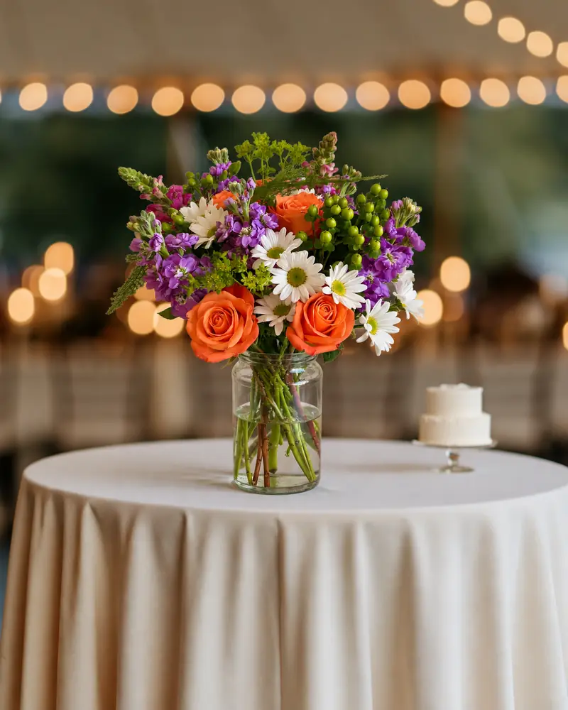 Example with sample flowers: a vase arrangement in the Cake table · string lights room, kept as made