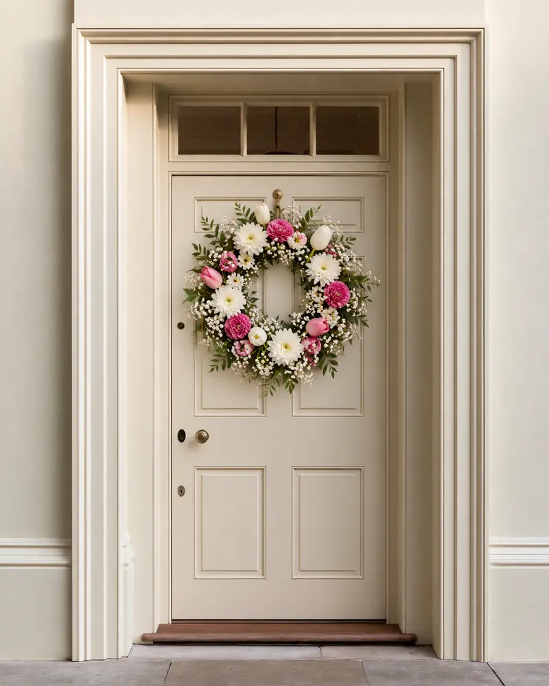 Example with sample flowers: door wreath, in the The welcoming door room