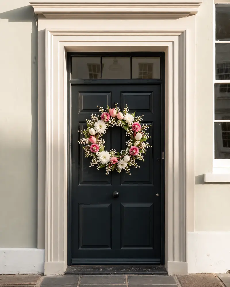 Example with sample flowers: a wrapped bouquet in the Midnight welcome room, made into a wreath