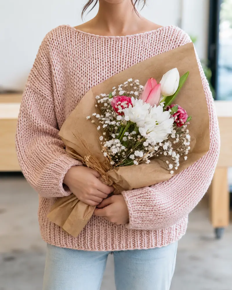 Example with sample flowers: held, in the Pink knit · an armful room