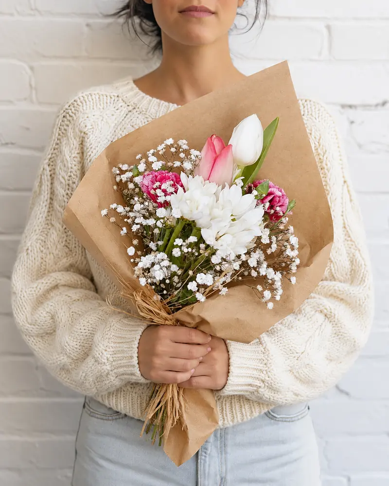 Example with sample flowers: a wrapped bouquet in the Cream knit · white brick room, kept as made