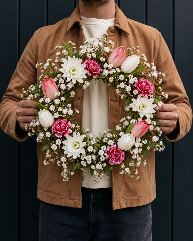 Example with sample flowers: a wreath in the Wreath · held, charcoal boards room, kept as made