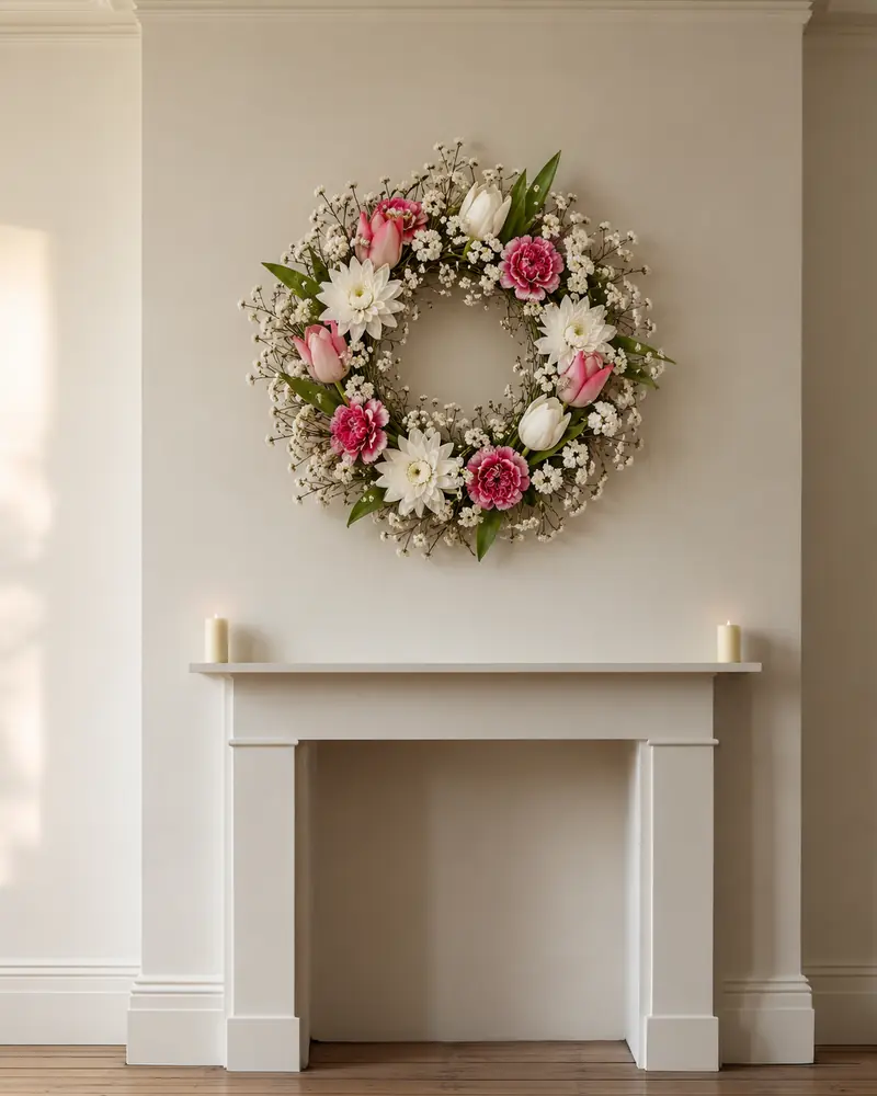 Example with sample flowers: a wrapped bouquet in the Wreath · above the mantel room, made into a wreath