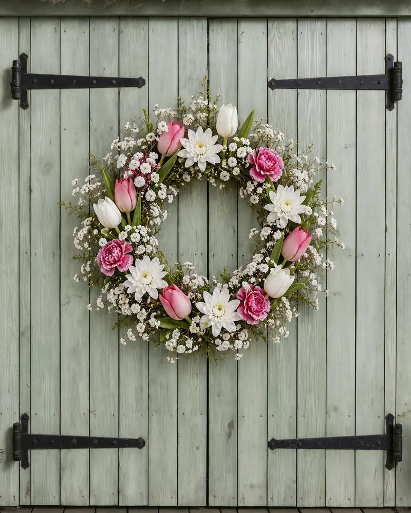 Example with sample flowers: a wrapped bouquet in the Wreath · sage barn door room, made into a wreath