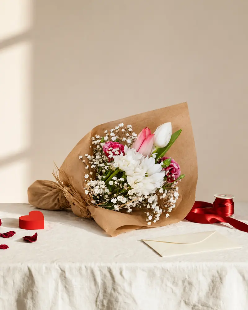 Example with sample flowers: a wrapped bouquet in the Valentine gift table room, kept as made