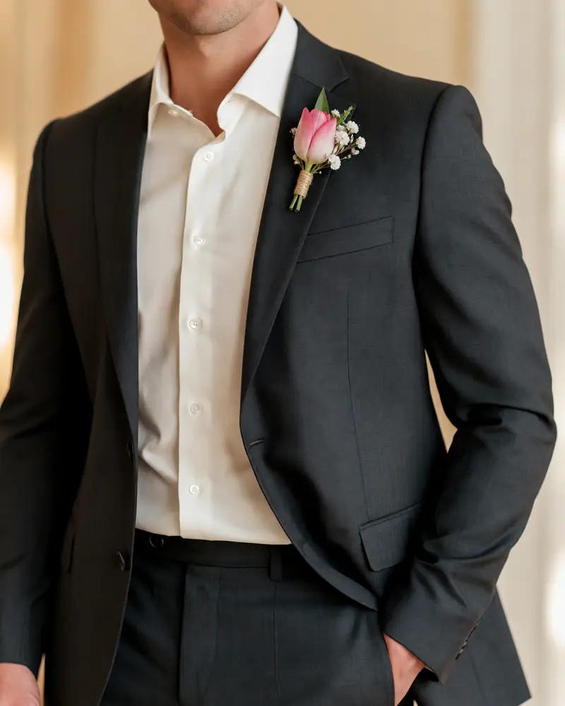 Example with sample flowers: a wrapped bouquet in the The finishing touch room, made into a buttonhole