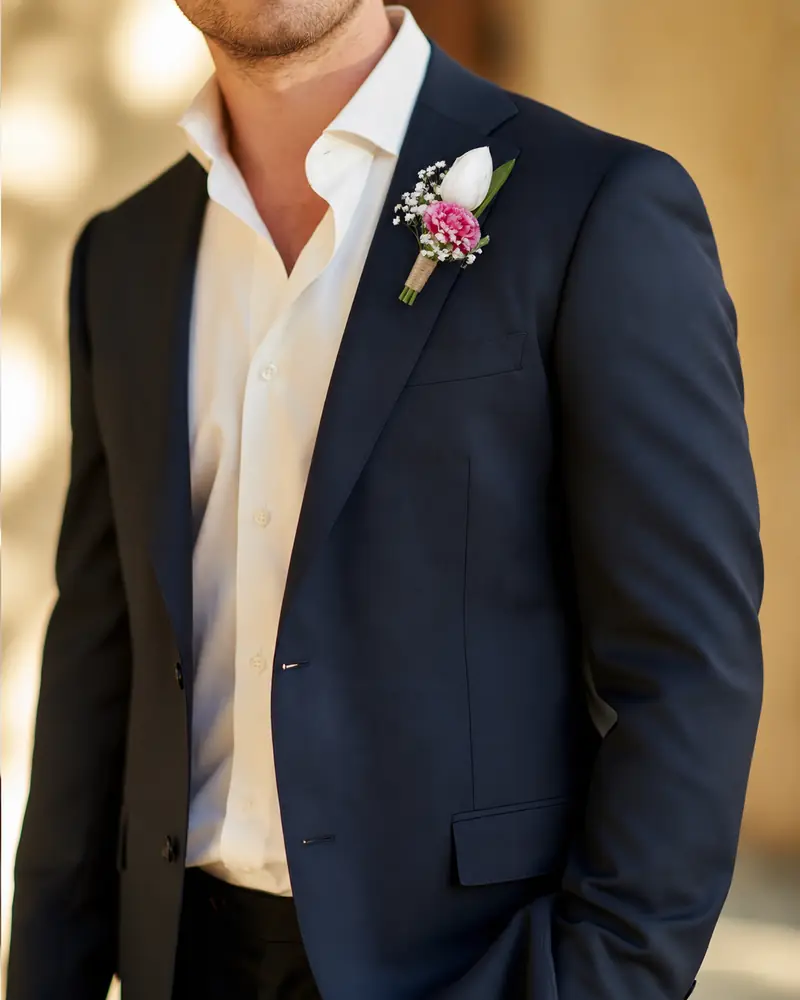 Example with sample flowers: a wrapped bouquet in the Something blue room, made into a buttonhole