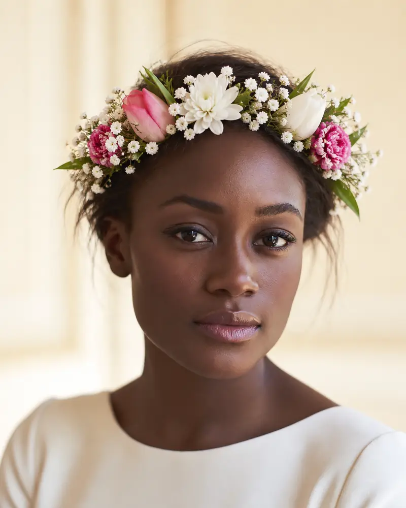 Example with sample flowers: a wrapped bouquet in the Crown portrait · deep room, made into a flower crown