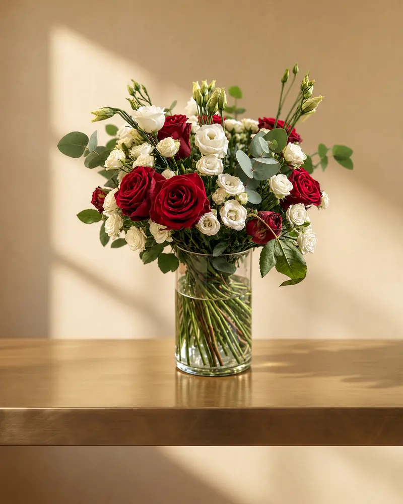 Example with sample flowers: a vase arrangement in the Brushed brass tabletop room, kept as made