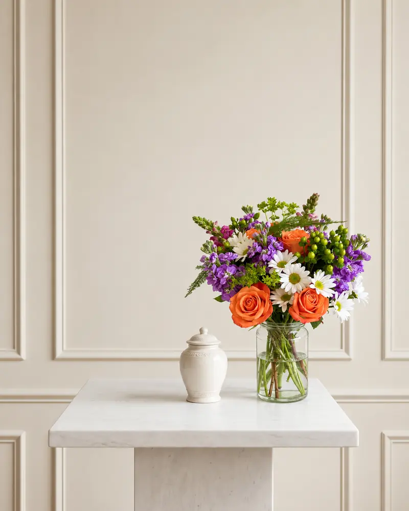 Example with sample flowers: a vase arrangement in the Urn · ivory memorial plinth room, kept as made
