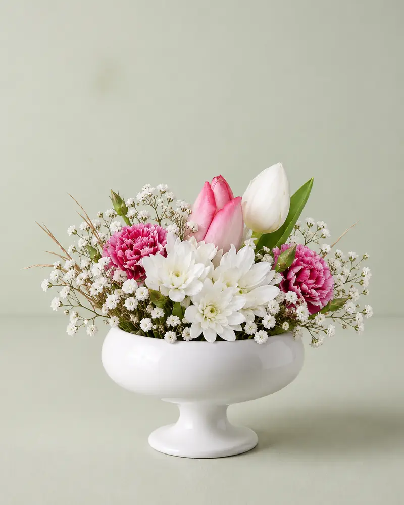 Example with sample flowers: a wrapped bouquet in the Florist vase · white compote room, moved into our vase