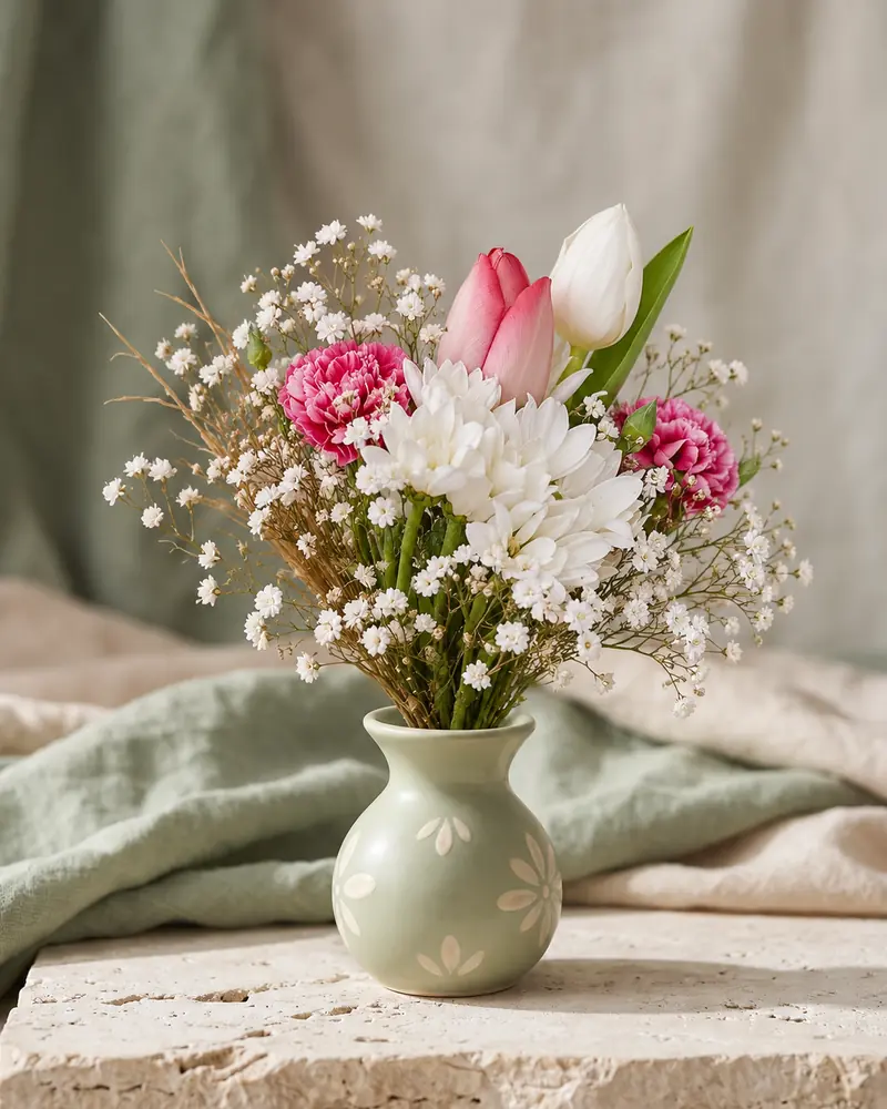 Example with sample flowers: a wrapped bouquet in the Florist vase · garden sage room, moved into our vase