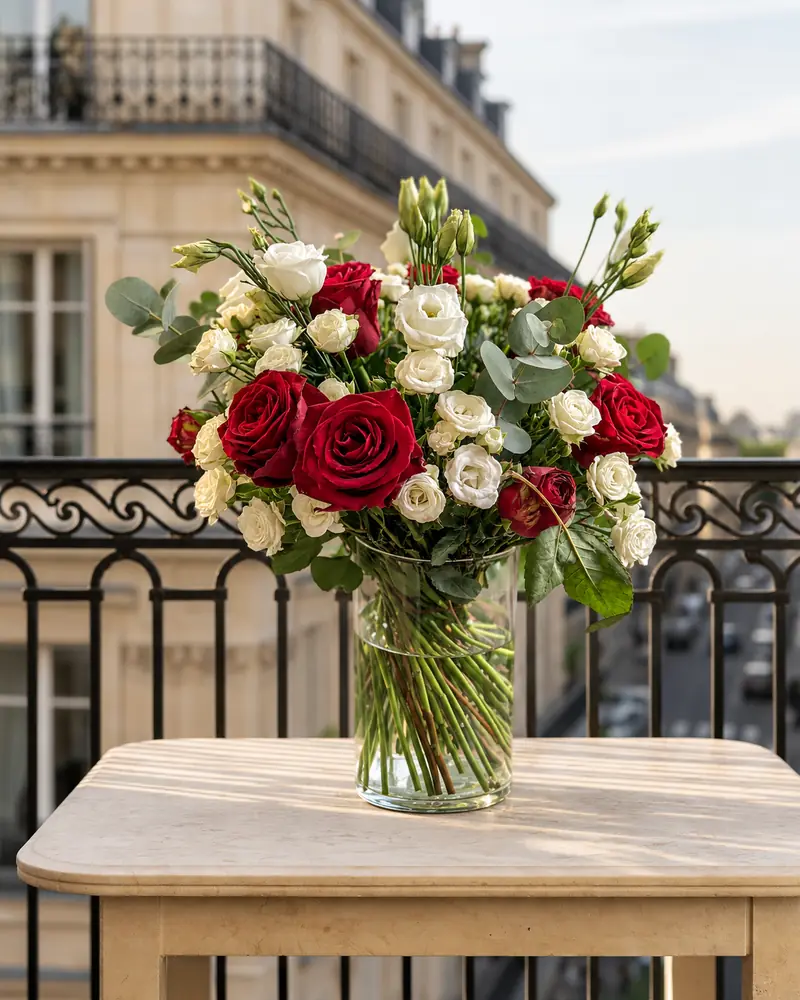 Example with sample flowers: a vase arrangement in the Paris balcony room, kept as made
