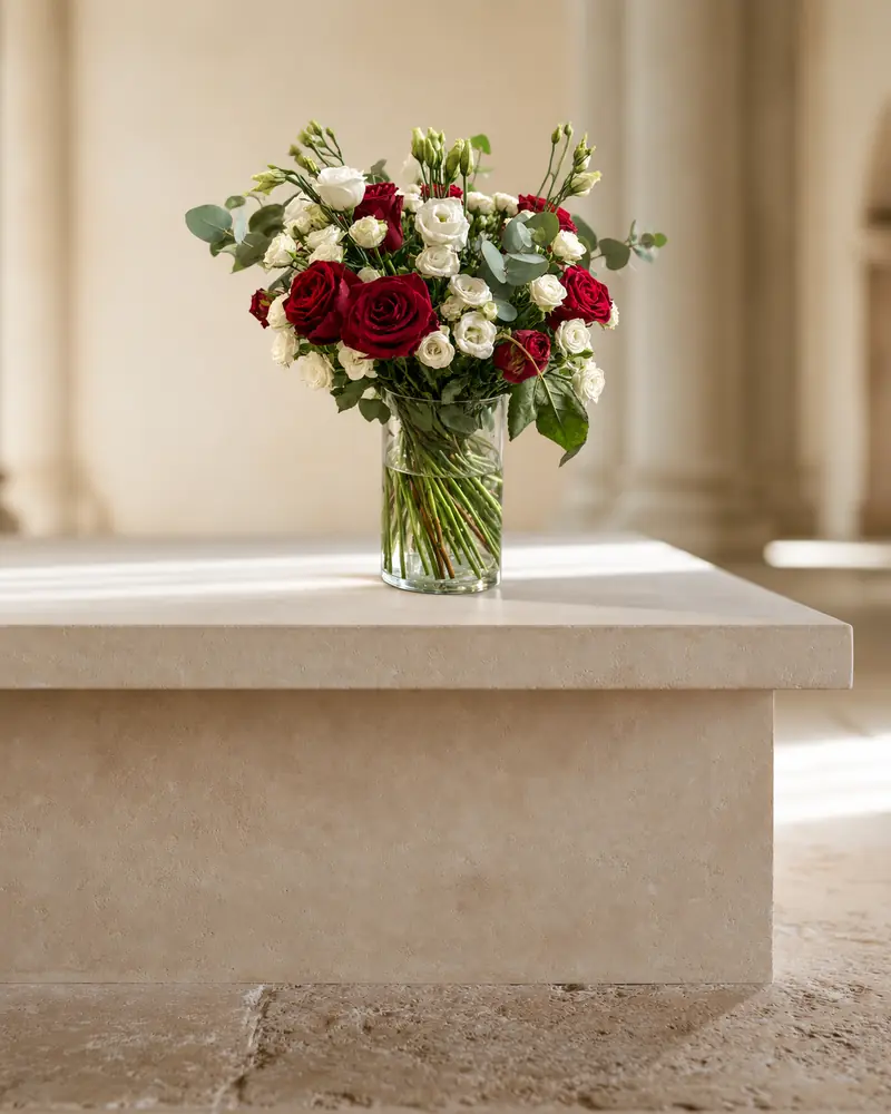 Example with sample flowers: a vase arrangement in the Quiet chapel room, kept as made