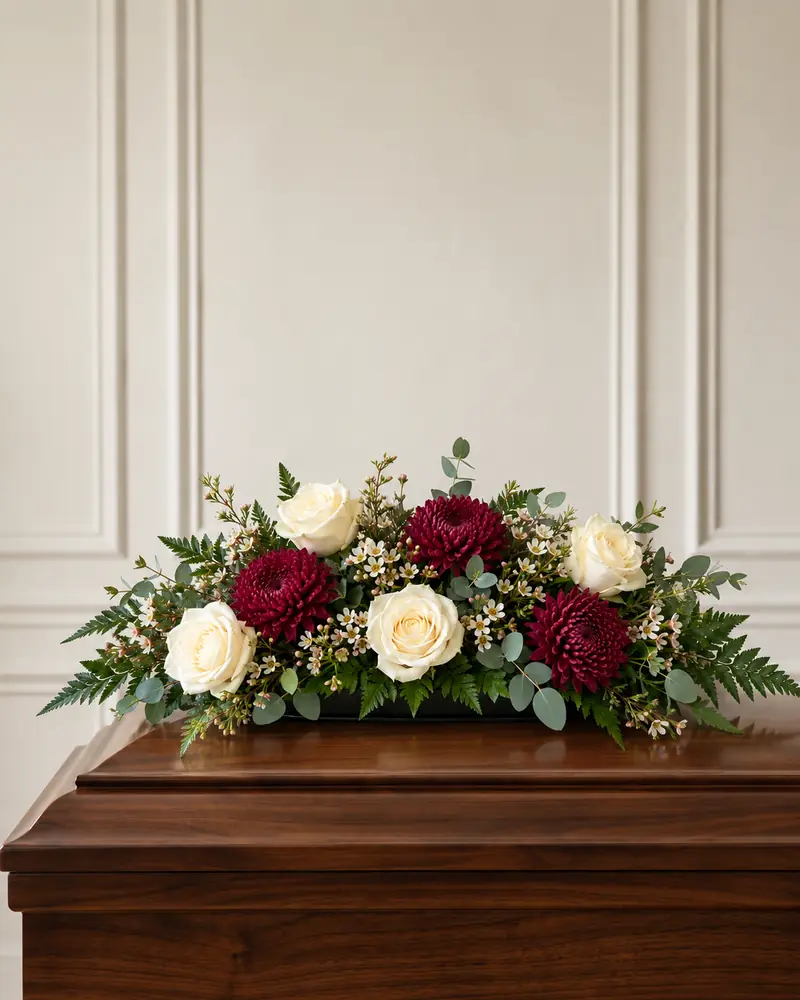 Example with sample flowers: a casket spray in the Walnut sympathy room, kept as made