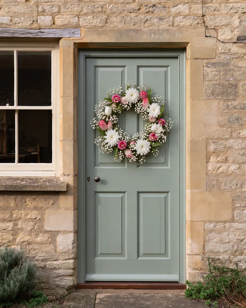 Example with sample flowers: a wrapped bouquet in the Oak cottage door room, made into a wreath