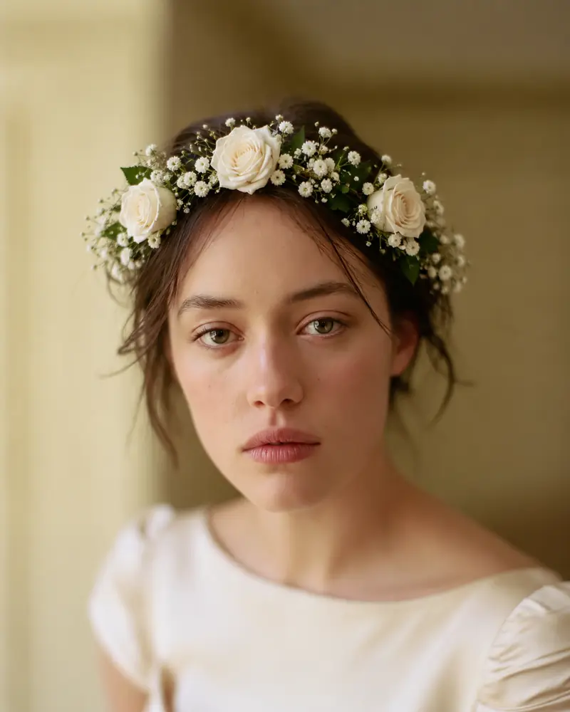 Example with sample flowers: a wrist corsage in the Crown portrait room, made into a flower crown