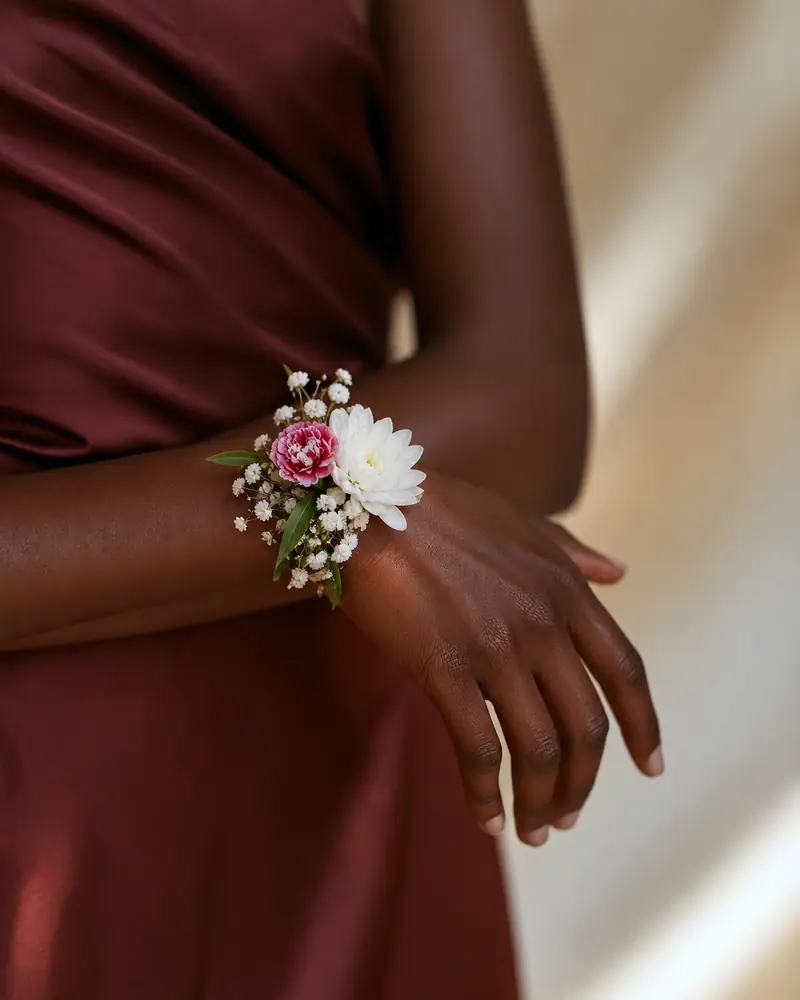 Example with sample flowers: a wrapped bouquet in the On your wrist room, made into a corsage
