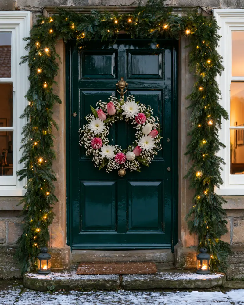 Example with sample flowers: a wrapped bouquet in the Christmas front door room, made into a wreath
